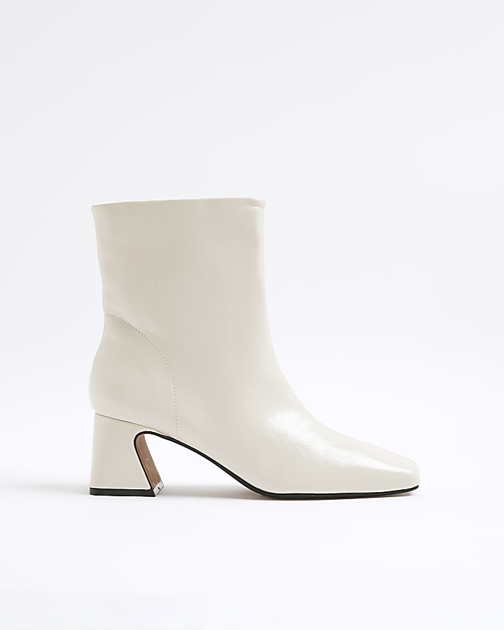 Cream Block Heel Ankle Boots