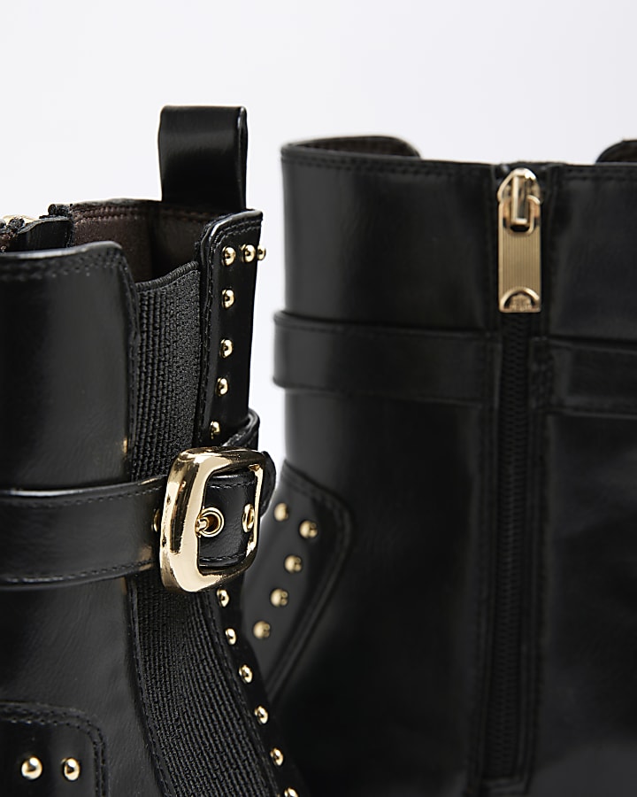 Black Studded Buckle Wedge Boots