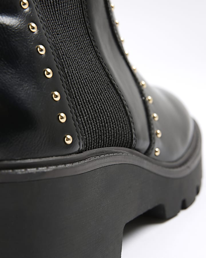 Black Studded Buckle Wedge Boots