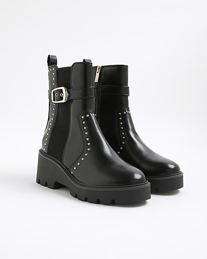 Black Studded Buckle Wedge Boots