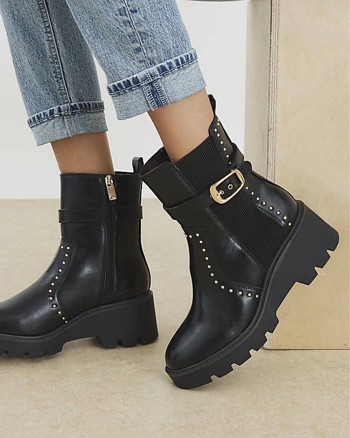 Black Studded Buckle Wedge Boots