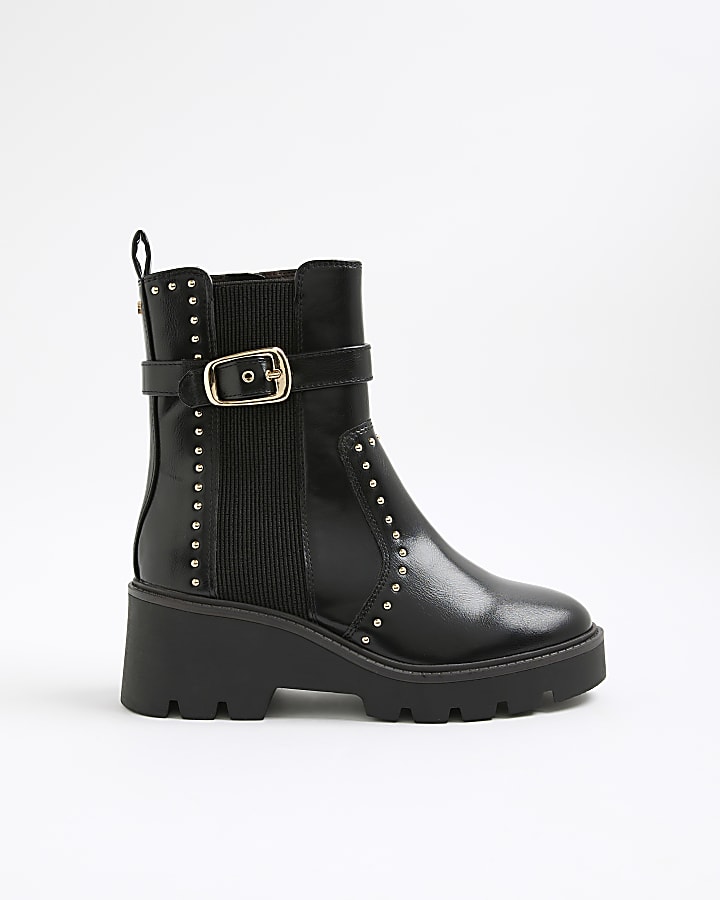 Black Studded Buckle Wedge Boots