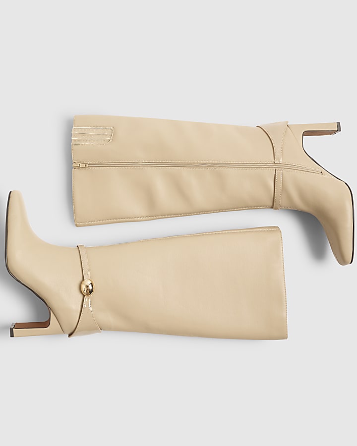 Beige High Leg Gold Hardware Boots