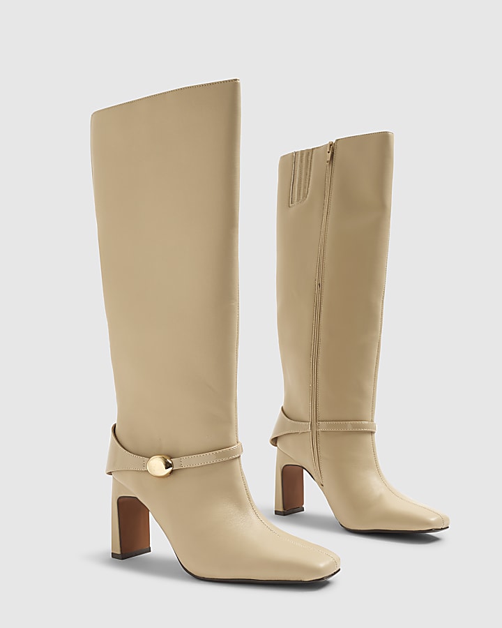Beige High Leg Gold Hardware Boots