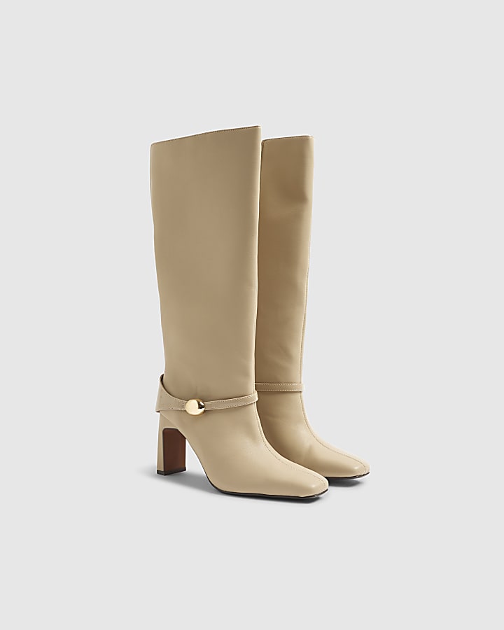 Beige High Leg Gold Hardware Boots