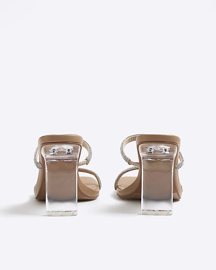 Beige Diamante Double Strap Heeled Mules