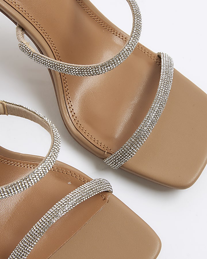 Beige Diamante Double Strap Heeled Mules