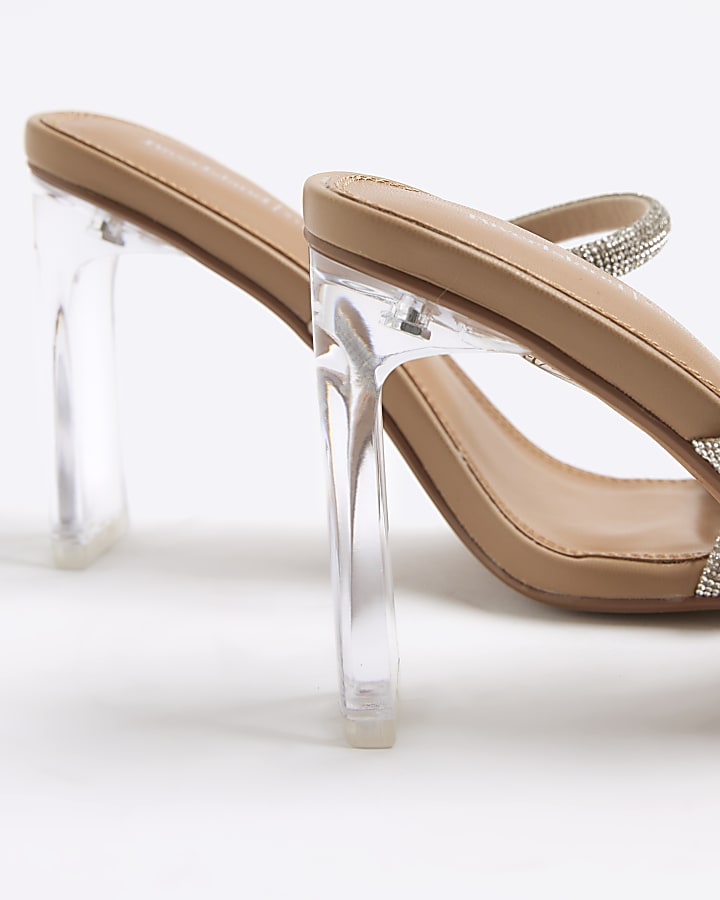 Beige Diamante Double Strap Heeled Mules
