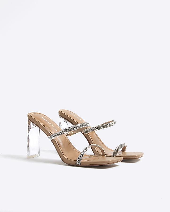 Beige Diamante Double Strap Heeled Mules