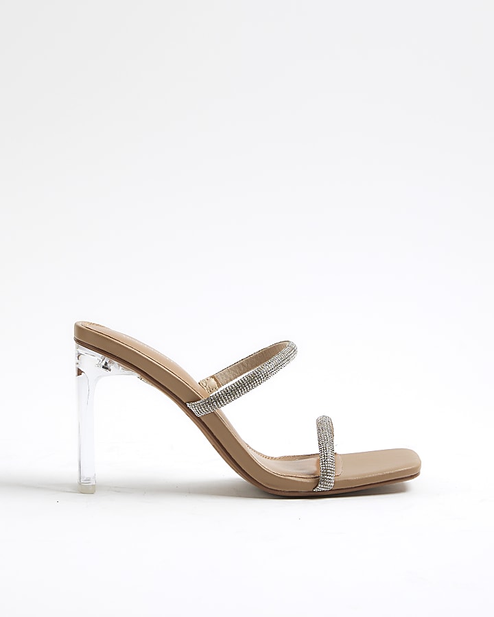Beige Diamante Double Strap Heeled Mules