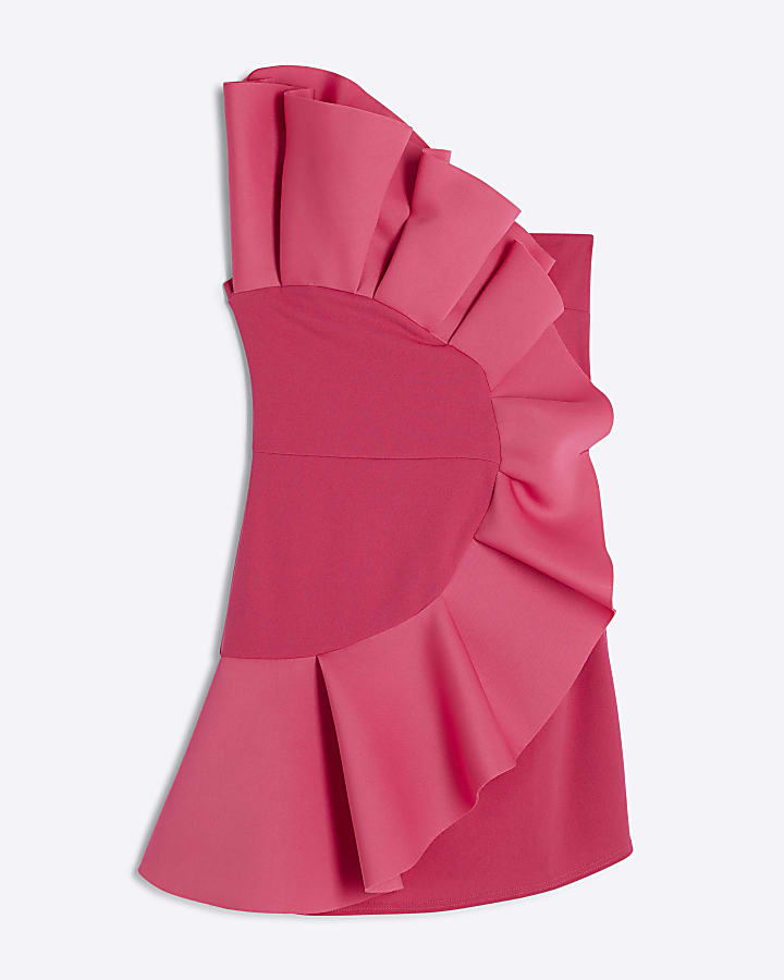 Pink Sleeveless Scuba Ruffle Mini Dress