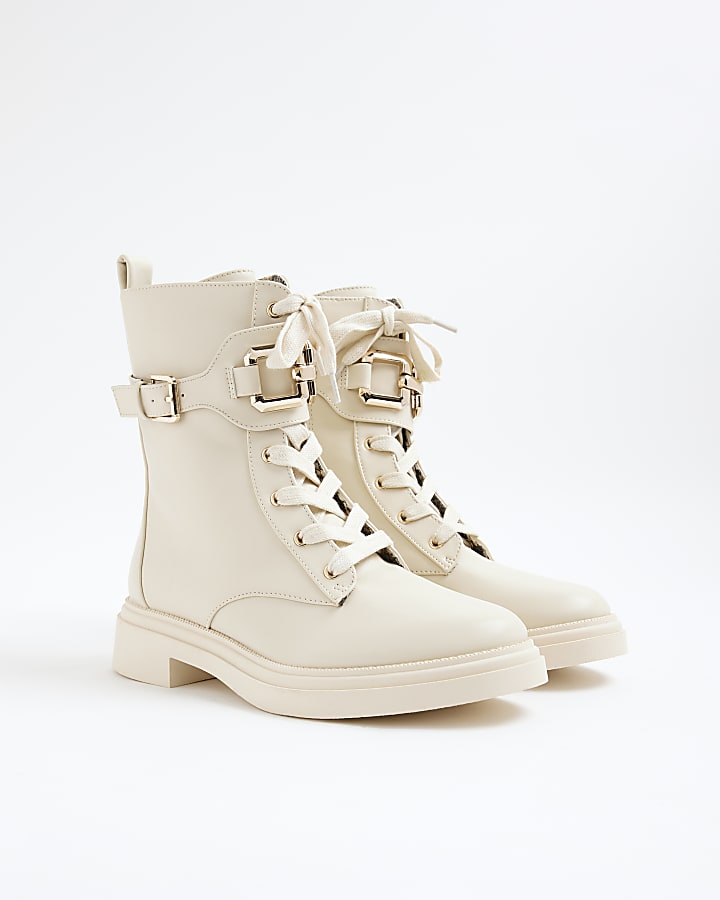 Cream Lace Up Chunky Boots