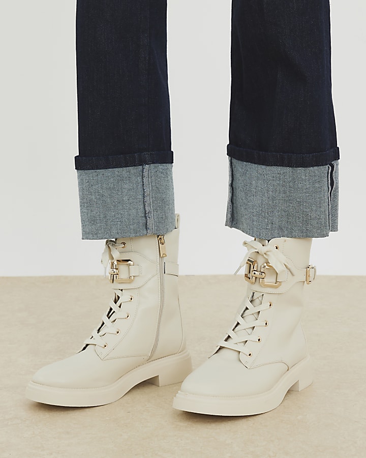 Cream Lace Up Chunky Boots