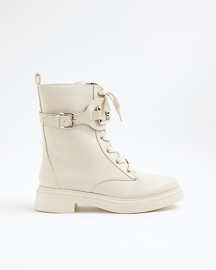 Cream Lace Up Chunky Boots