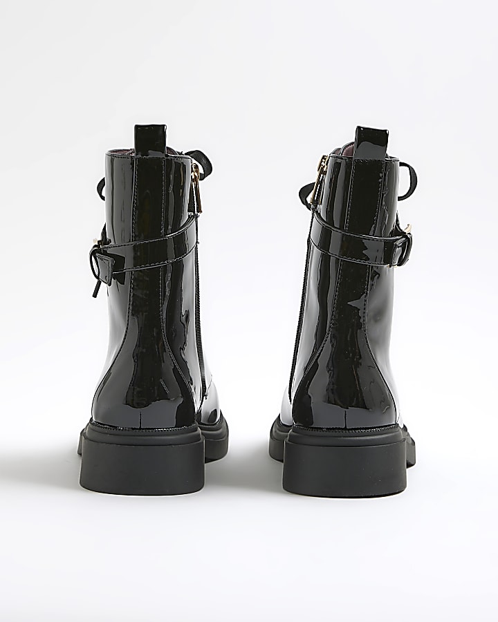 Black Patent Lace Up Buckled Chunky Boots
