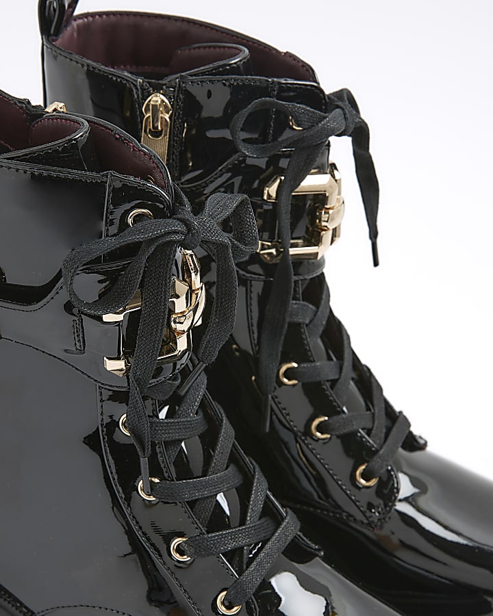Black Patent Lace Up Buckled Chunky Boots