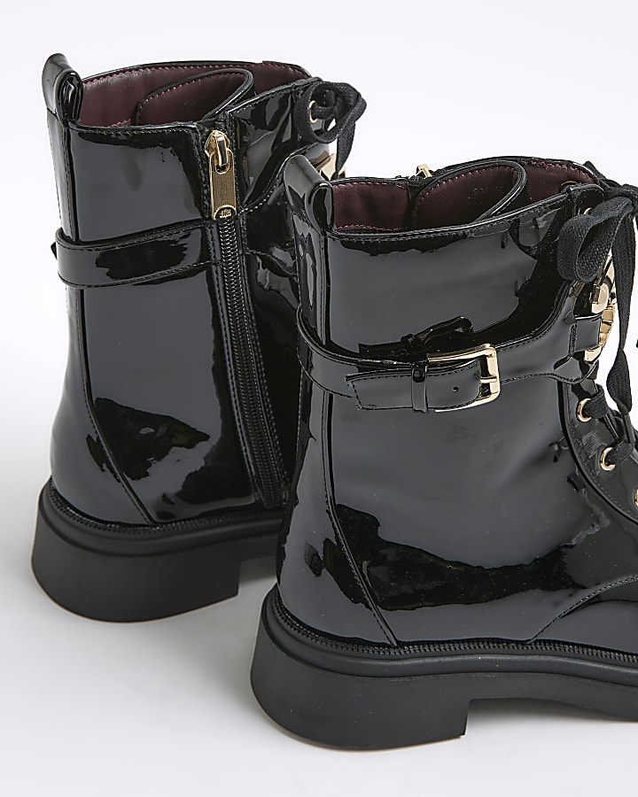 Black Patent Lace Up Buckled Chunky Boots