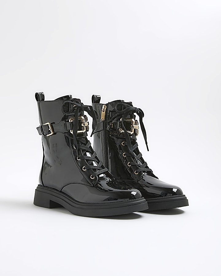 Black Patent Lace Up Buckled Chunky Boots