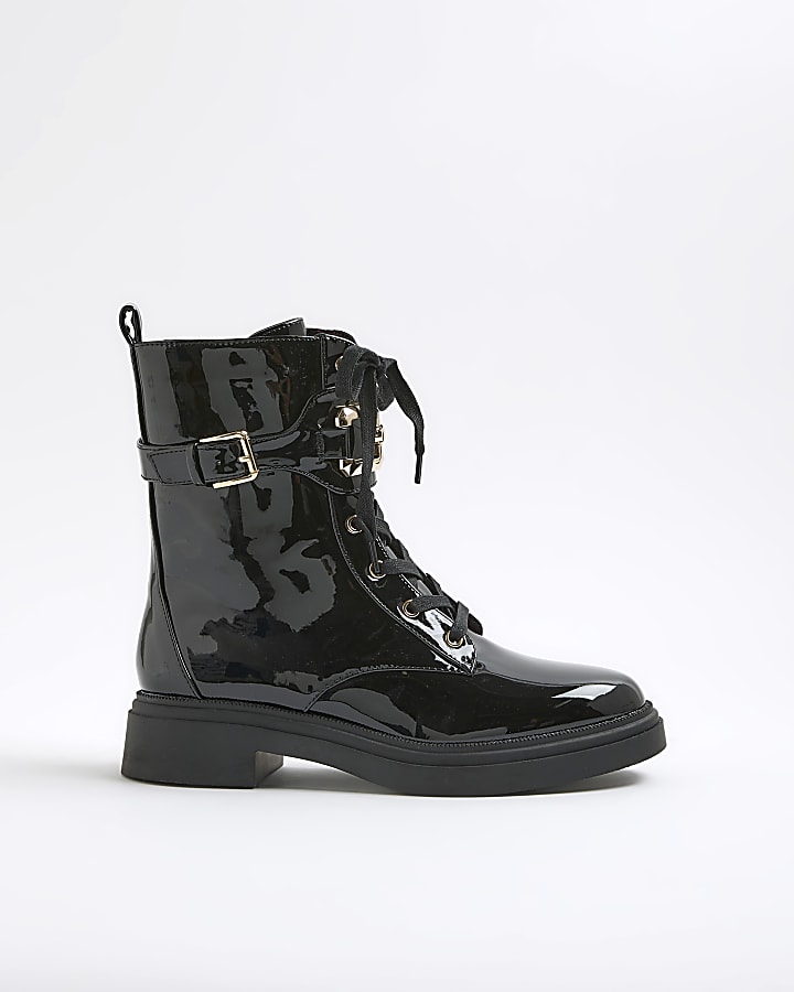 Black Patent Lace Up Buckled Chunky Boots