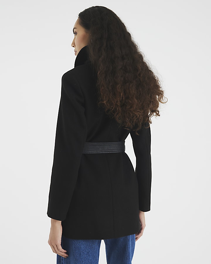 Black Faux Leather Trim Wrap Coat