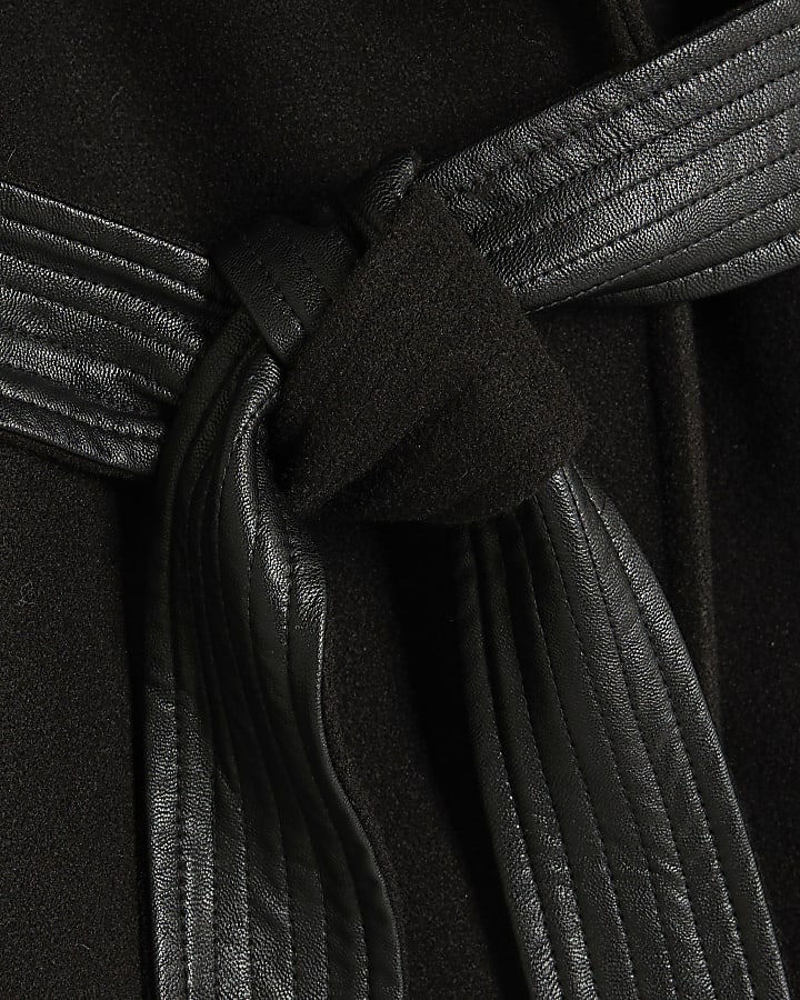 Black Faux Leather Trim Wrap Coat