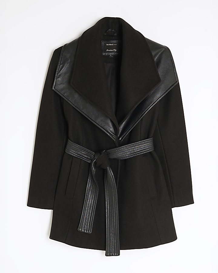 Black Faux Leather Trim Wrap Coat