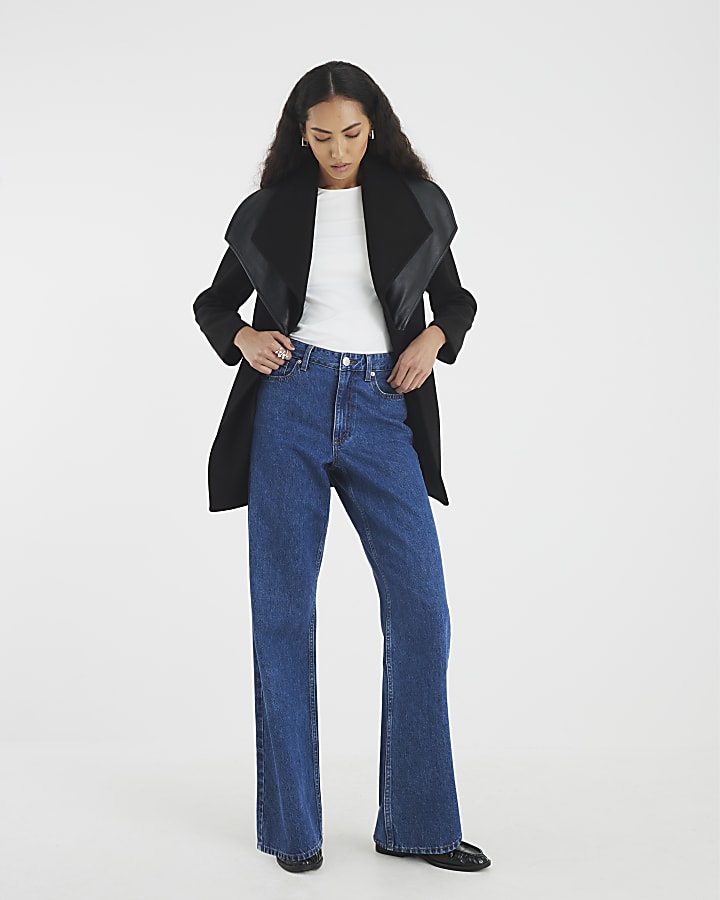 Black Faux Leather Trim Wrap Coat