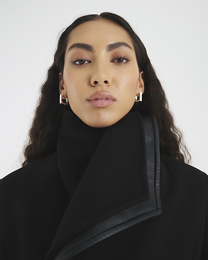 Black Faux Leather Trim Wrap Coat