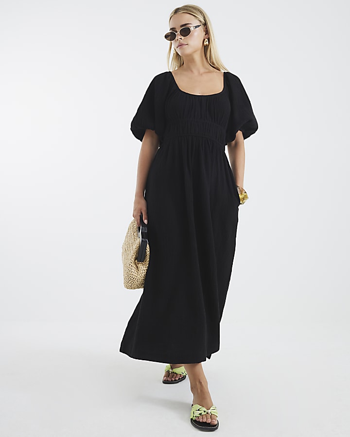Petite Black Short Sleeve Linen Midi Dress