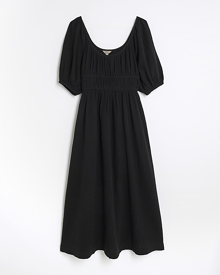 Petite Black Short Sleeve Linen Midi Dress