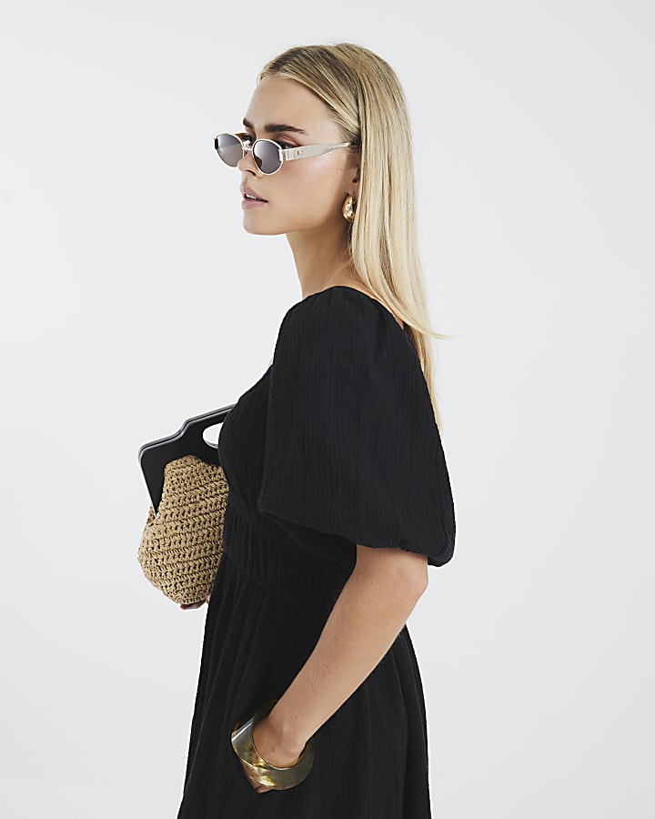 Petite Black Short Sleeve Linen Midi Dress