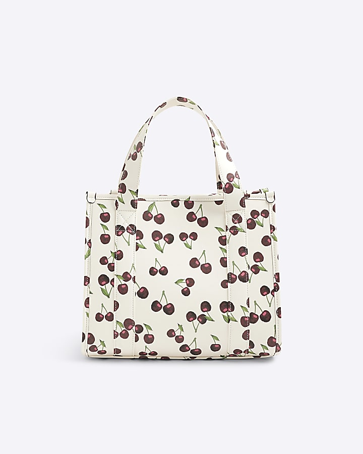 Cream Cherry Embossed Tote Bag