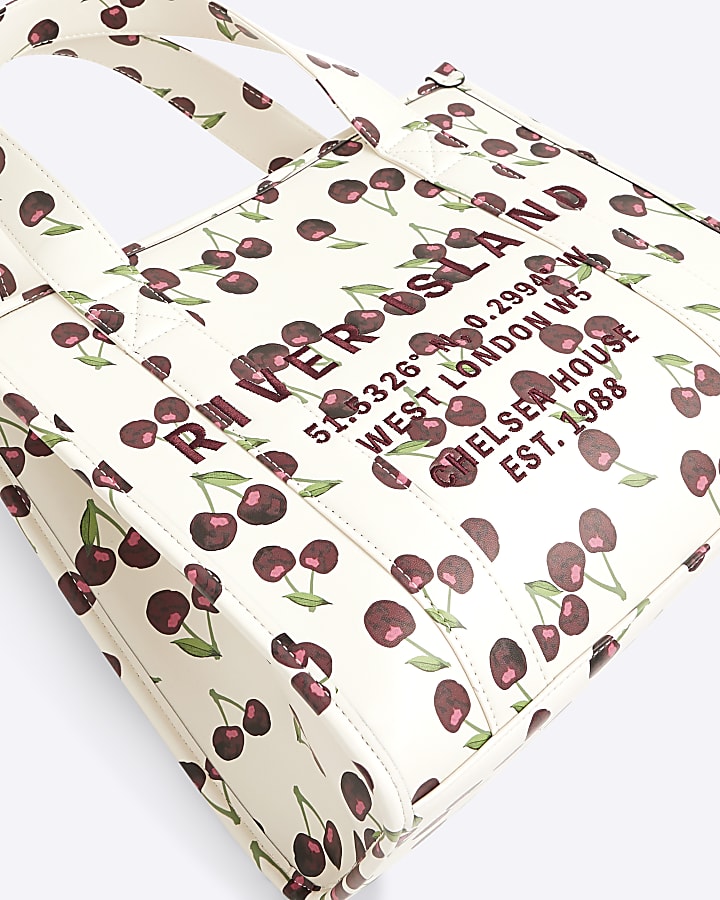 Cream Cherry Embossed Tote Bag