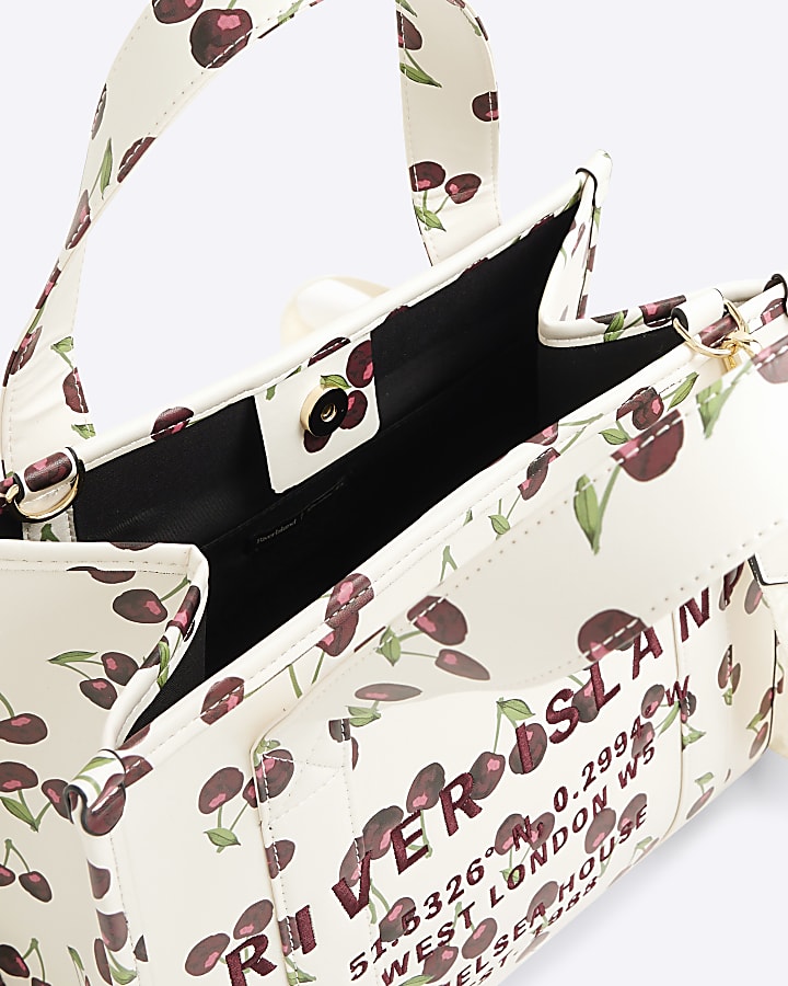 Cream Cherry Embossed Tote Bag