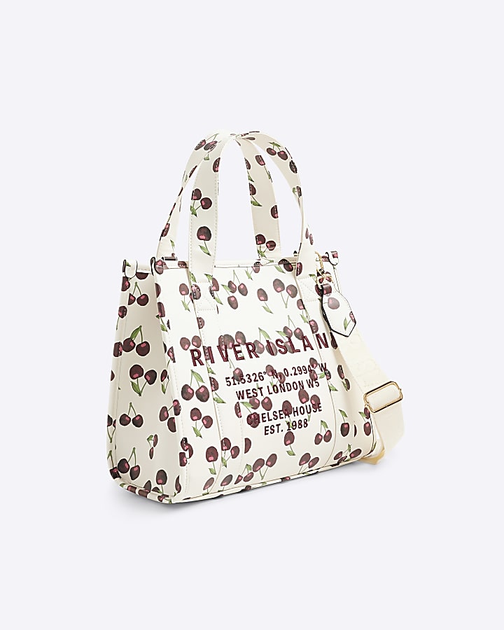Cream Cherry Embossed Tote Bag