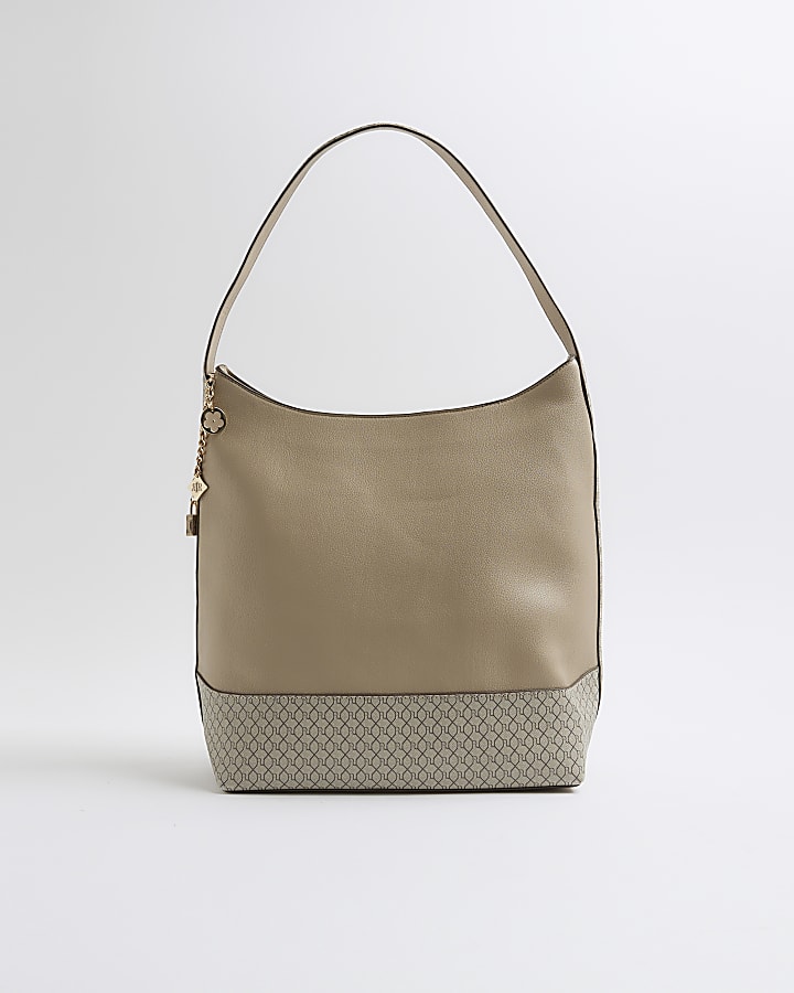 Beige Monogram Print Charm Shoulder Bag