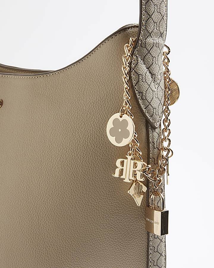 Beige Monogram Print Charm Shoulder Bag
