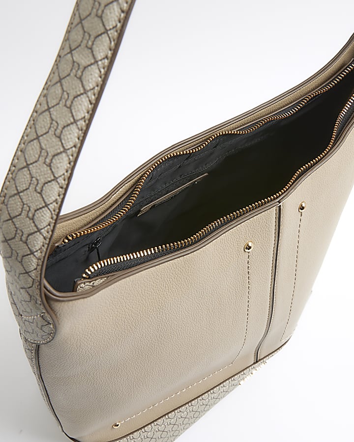 Beige Monogram Print Charm Shoulder Bag