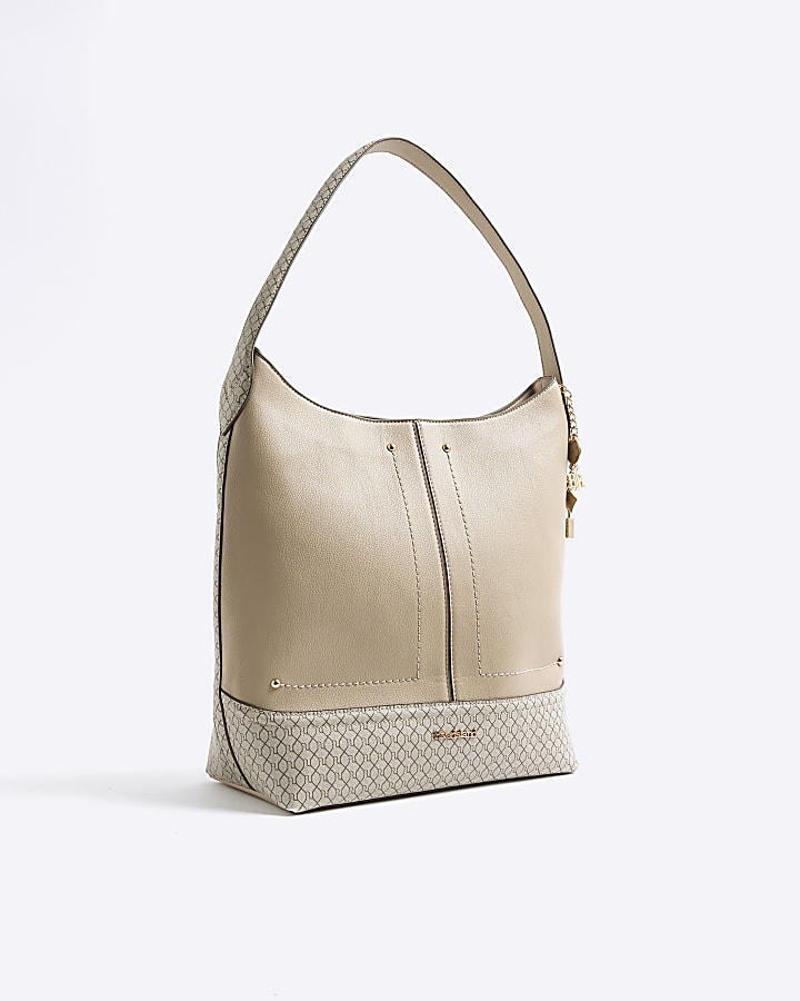 Beige Monogram Print Charm Shoulder Bag