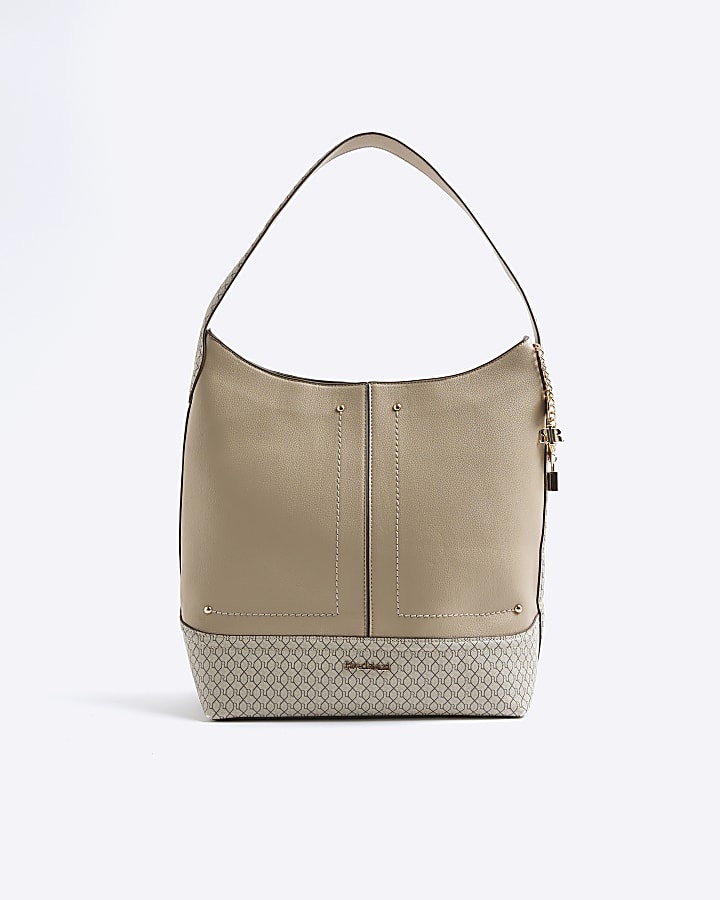Beige Monogram Print Charm Shoulder Bag