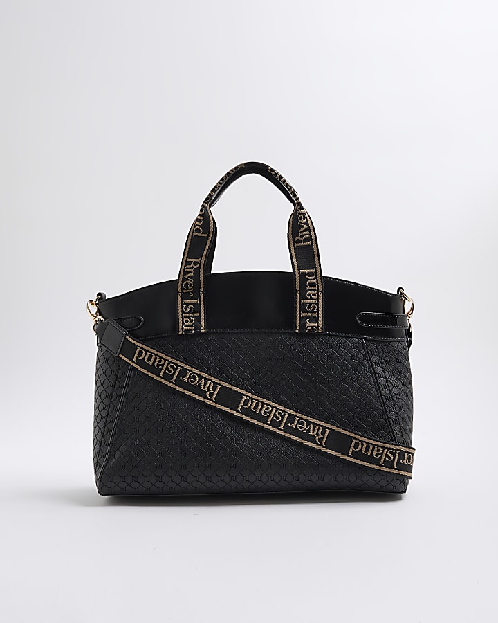 Black Panelled Webbing Handle Tote Bag