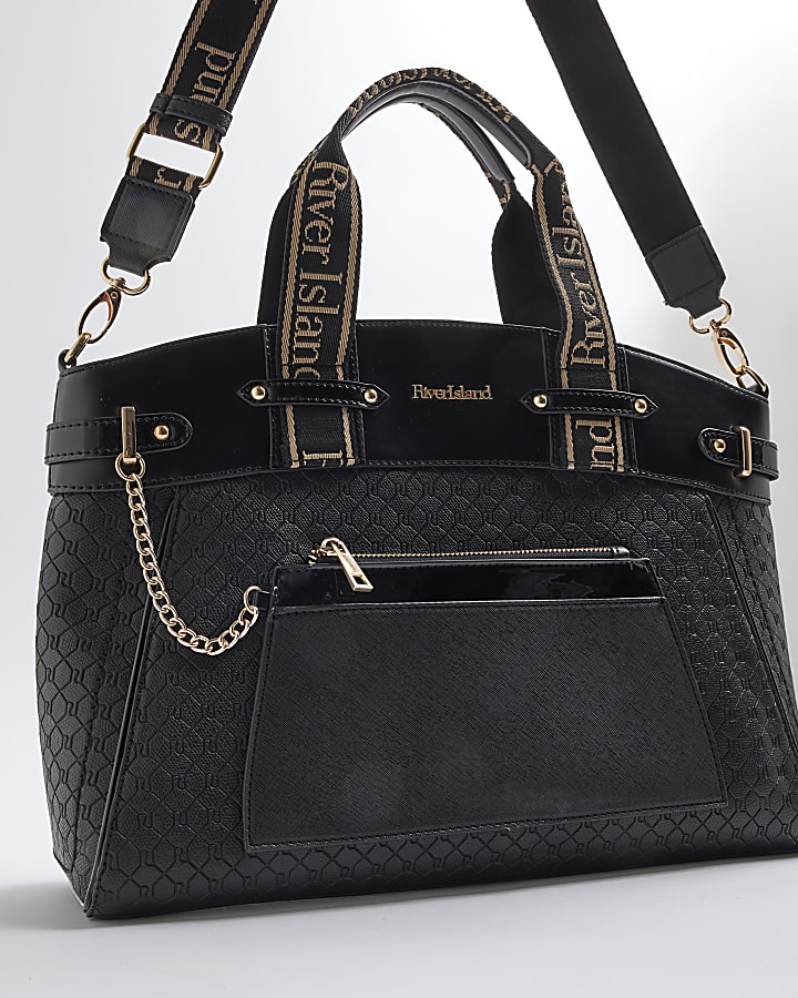 Black Panelled Webbing Handle Tote Bag