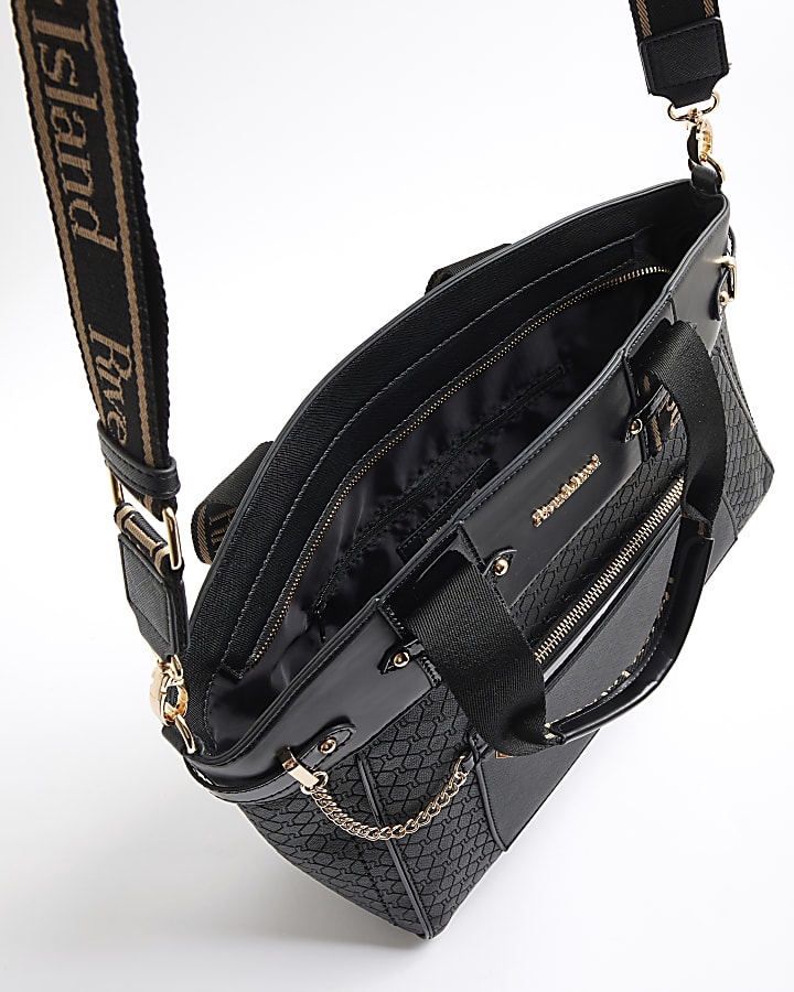 Black Panelled Webbing Handle Tote Bag
