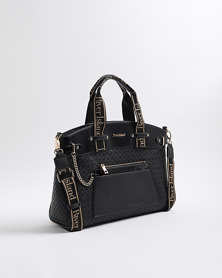 Black Panelled Webbing Handle Tote Bag