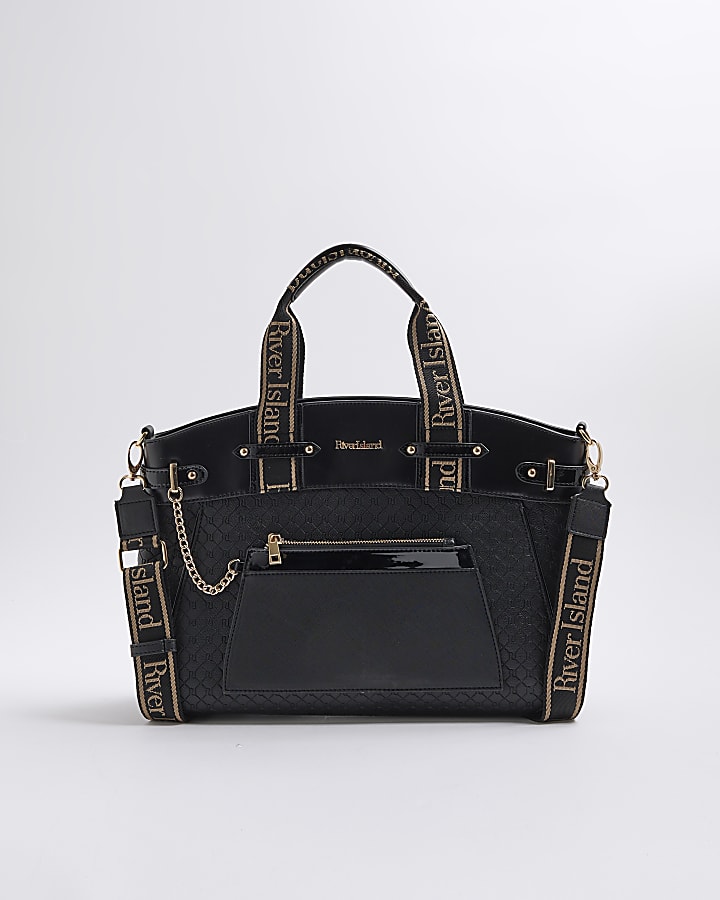 Black Panelled Webbing Handle Tote Bag