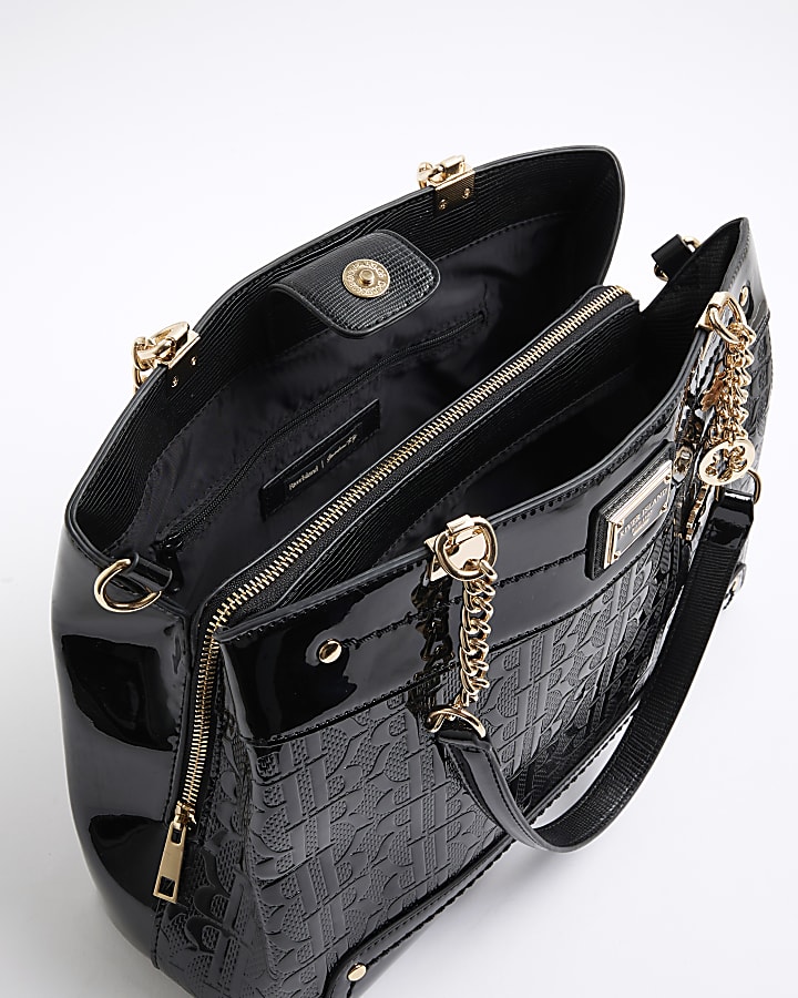 Black Chain Handle Embossed Tote Bag