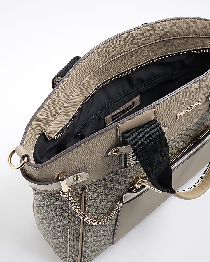 Beige Panelled RI Handle Tote Bag