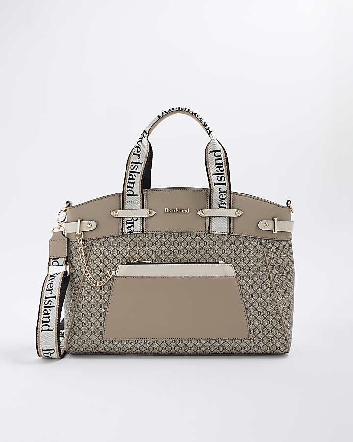 Beige Panelled Webbing Handle Tote Bag