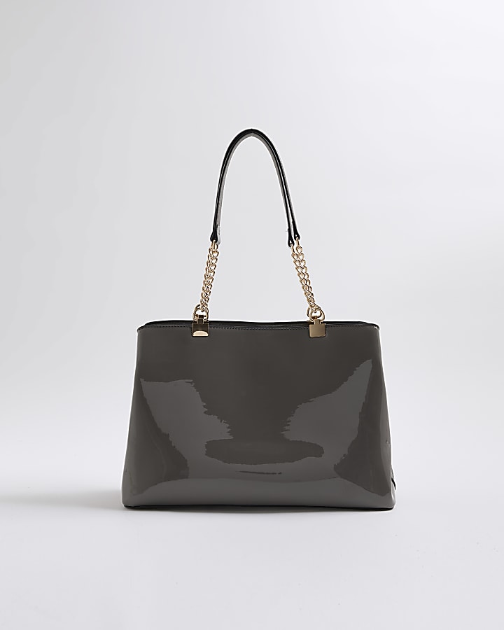 Grey Chain Handle Embossed Tote Bag