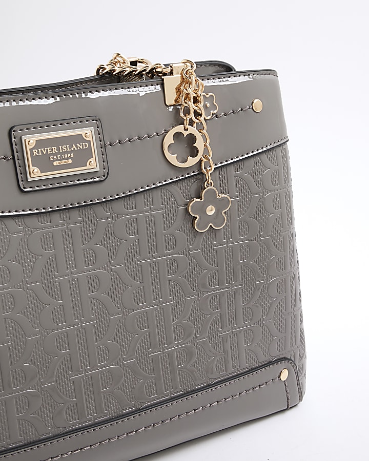Grey Chain Handle Embossed Tote Bag